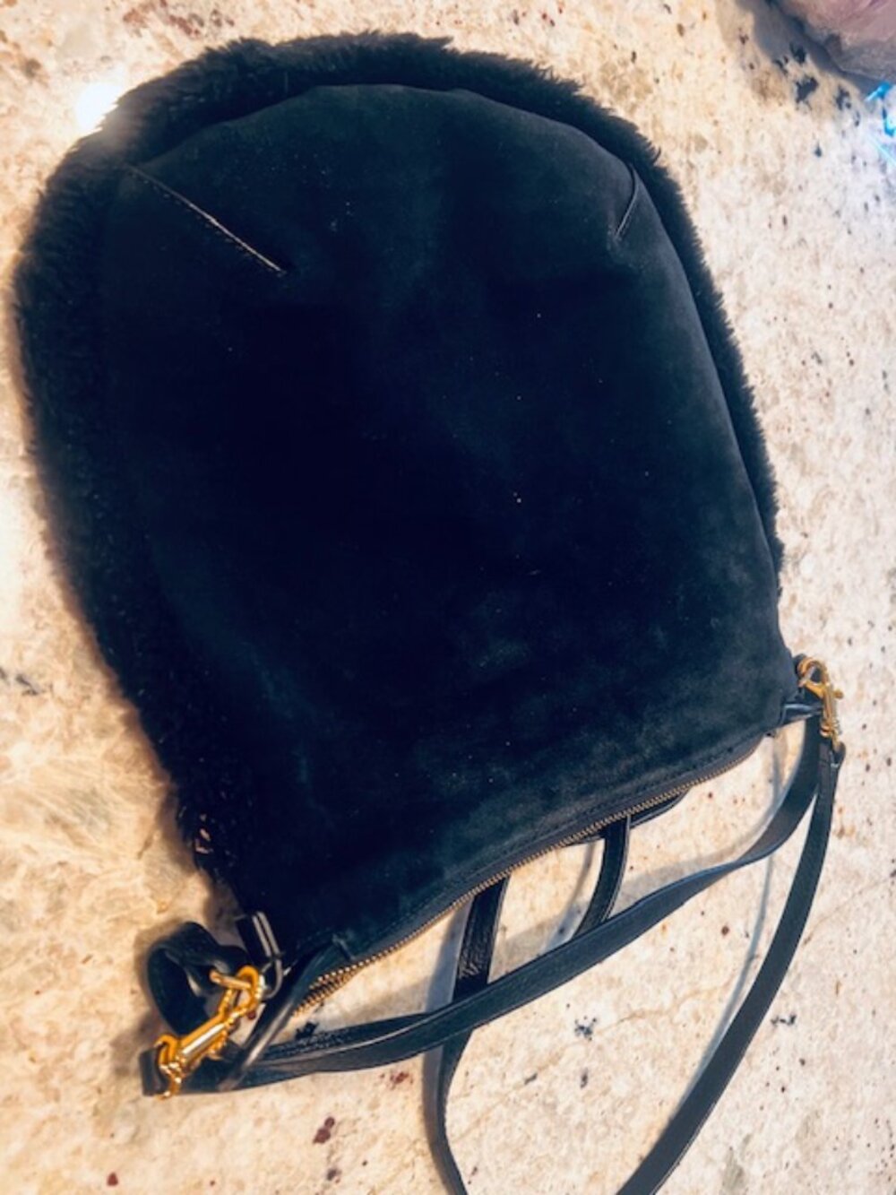 Lg Black Suede & Shearling UGG Crossbody Bag 12x13x1" - Picture 3 of 6